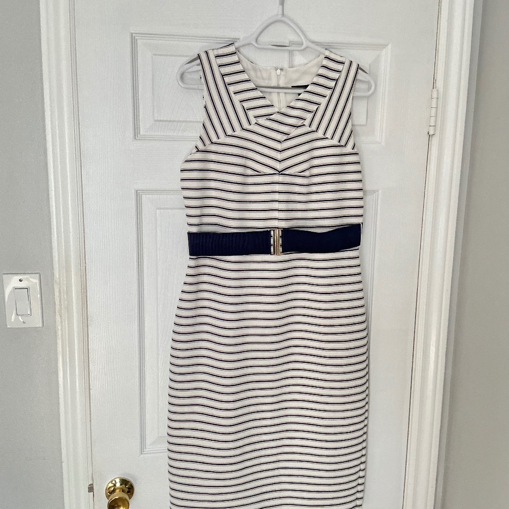 Ann Taylor Belted Sheath Dress White & Navy Size 12 US